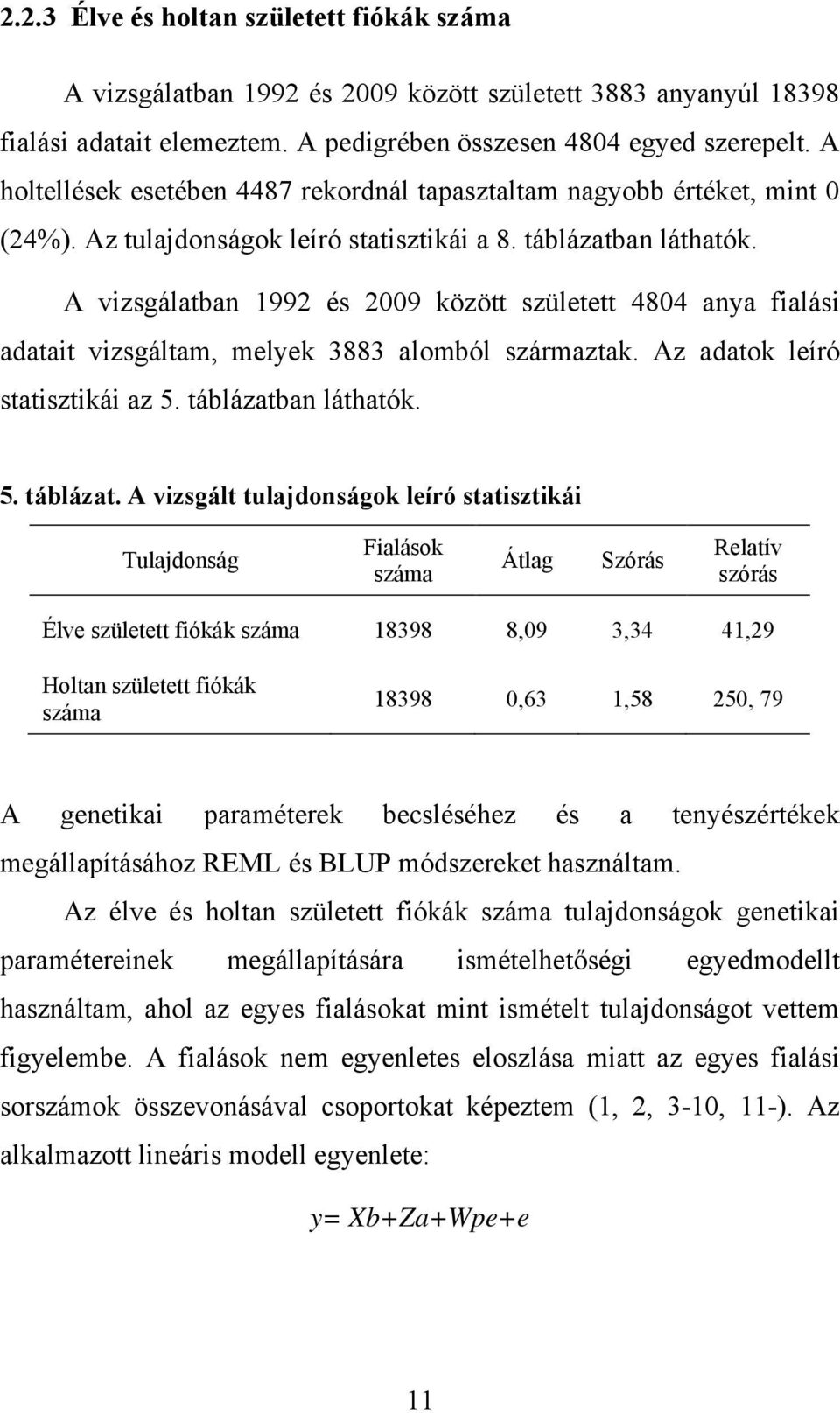A vizsgálatban 1992 és 2009 között született 4804 anya fialási adatait vizsgáltam, melyek 3883 alomból származtak. Az adatok leíró statisztikái az 5. táblázatb