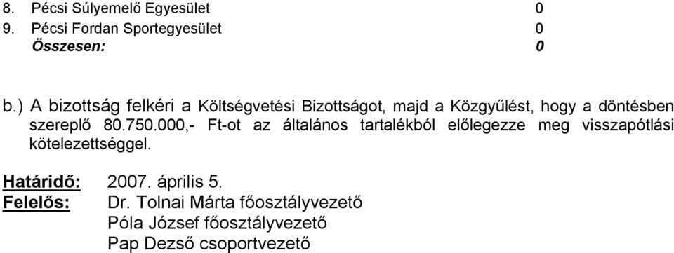 80.750.000,- Ft-ot az általános tartalékból előlegezze meg visszapótlási kötelezettséggel.