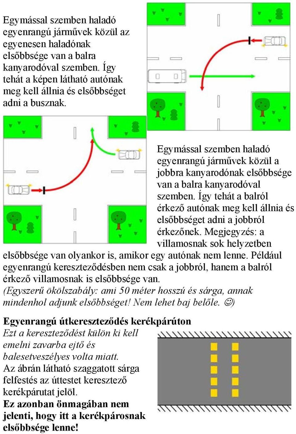 Így tehát a balról érkező autónak meg kell állnia és elsőbbséget adni a jobbról érkezőnek. Megjegyzés: a villamosnak sok helyzetben elsőbbsége van olyankor is, amikor egy autónak nem lenne.