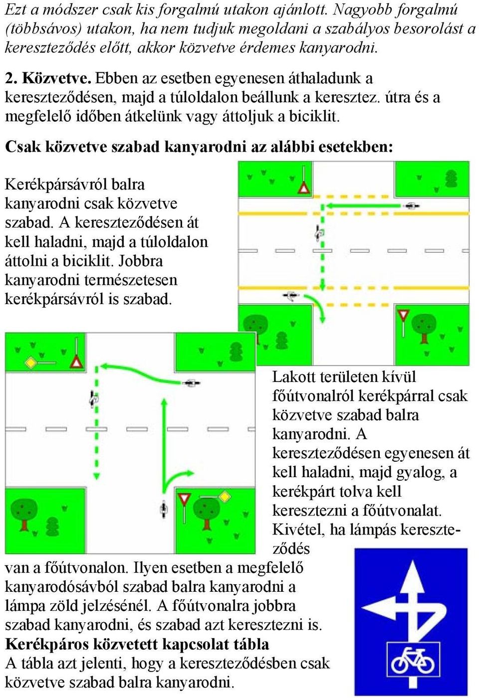 Csak közvetve szabad kanyarodni az alábbi esetekben: Kerékpársávról balra kanyarodni csak közvetve szabad. A kereszteződésen át kell haladni, majd a túloldalon áttolni a biciklit.