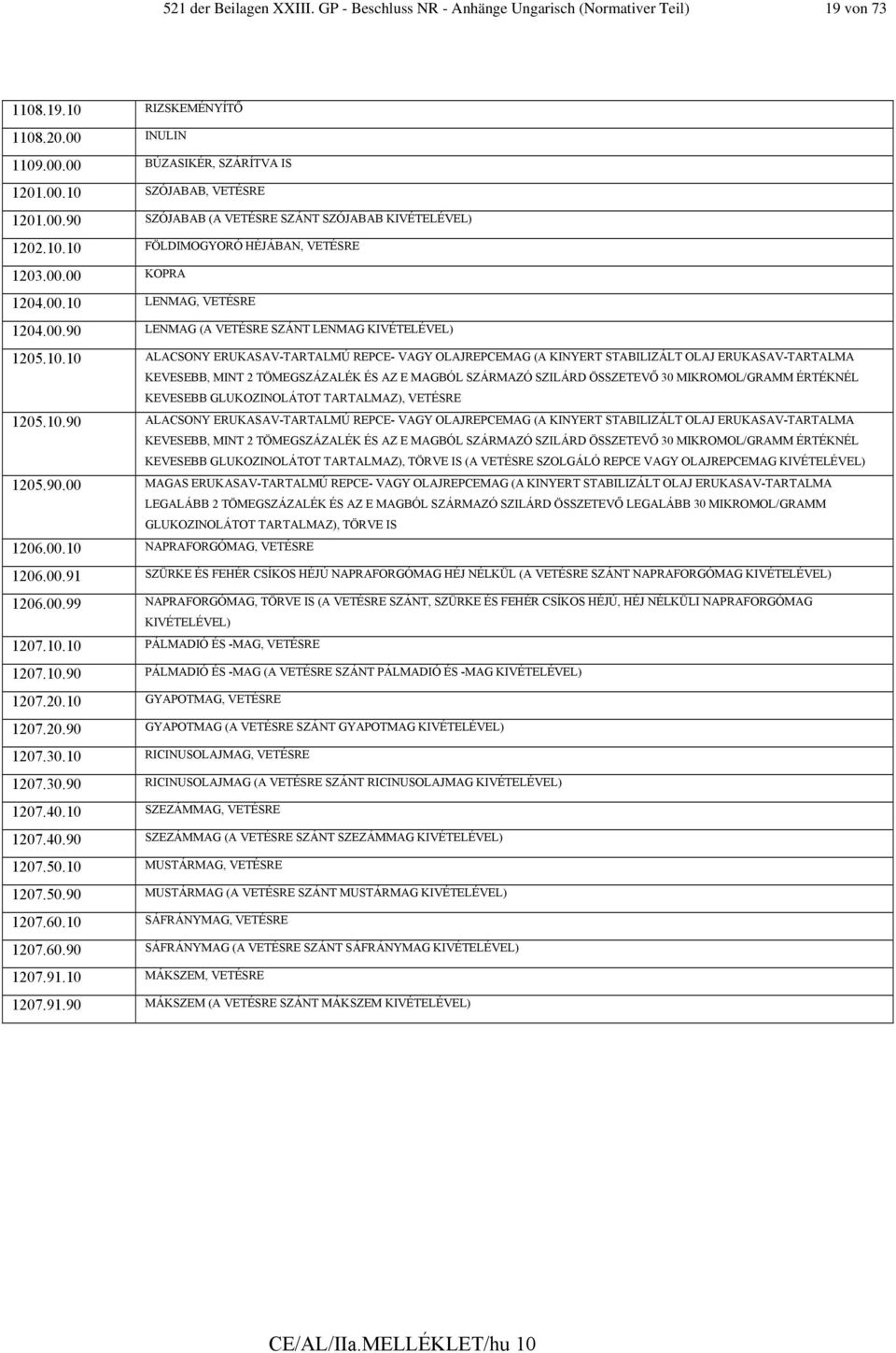 10 FÖLDIMOGYORÓ HÉJÁBAN, VETÉSRE 1203.00.00 KOPRA 1204.00.10 LENMAG, VETÉSRE 1204.00.90 LENMAG (A VETÉSRE SZÁNT LENMAG 1205.10.10 ALACSONY ERUKASAV-TARTALMÚ REPCE- VAGY OLAJREPCEMAG (A KINYERT