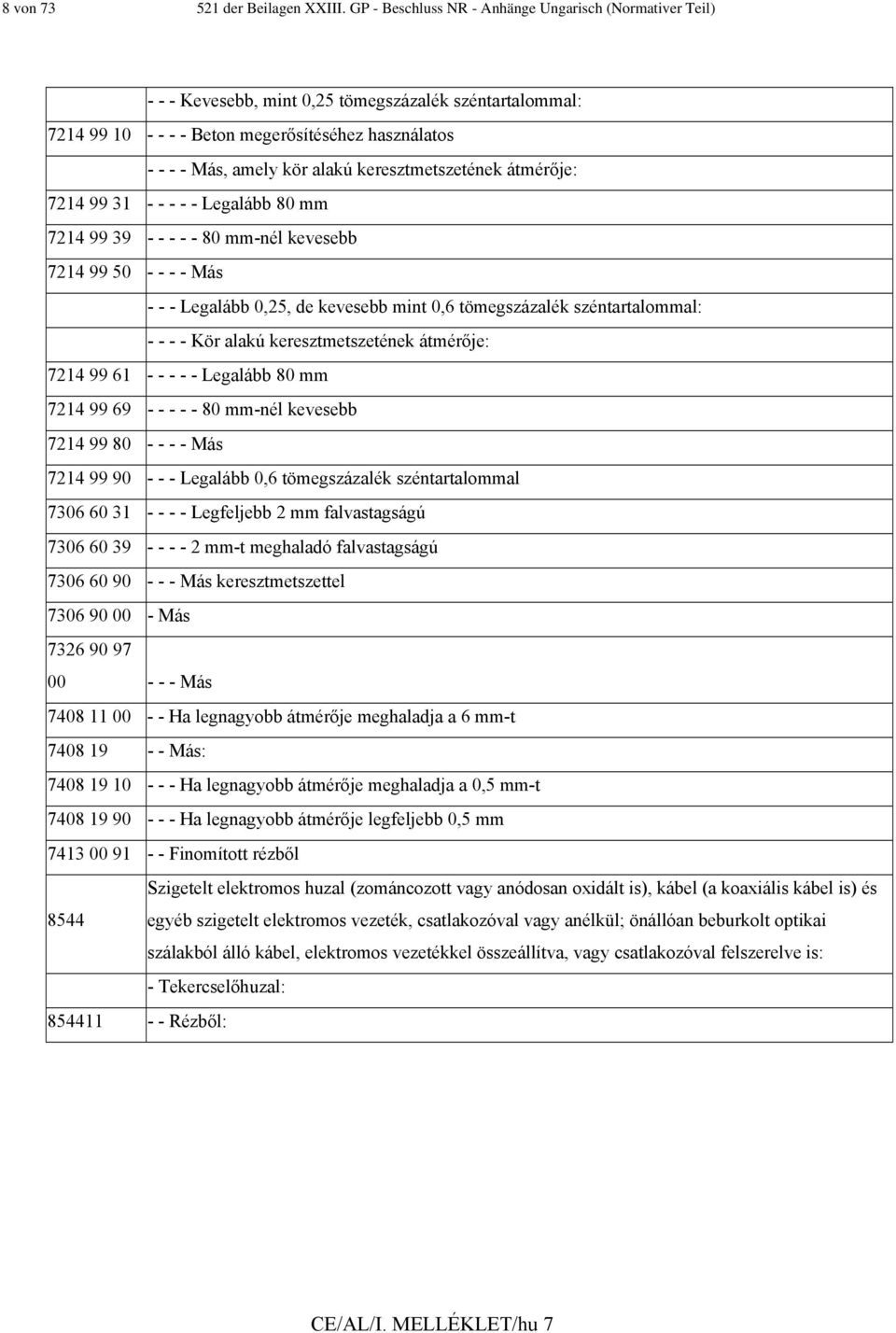 keresztmetszetének átmérője: 7214 99 31 - - - - - Legalább 80 mm 7214 99 39 - - - - - 80 mm-nél kevesebb 7214 99 50 - - - - Más - - - Legalább 0,25, de kevesebb mint 0,6 tömegszázalék