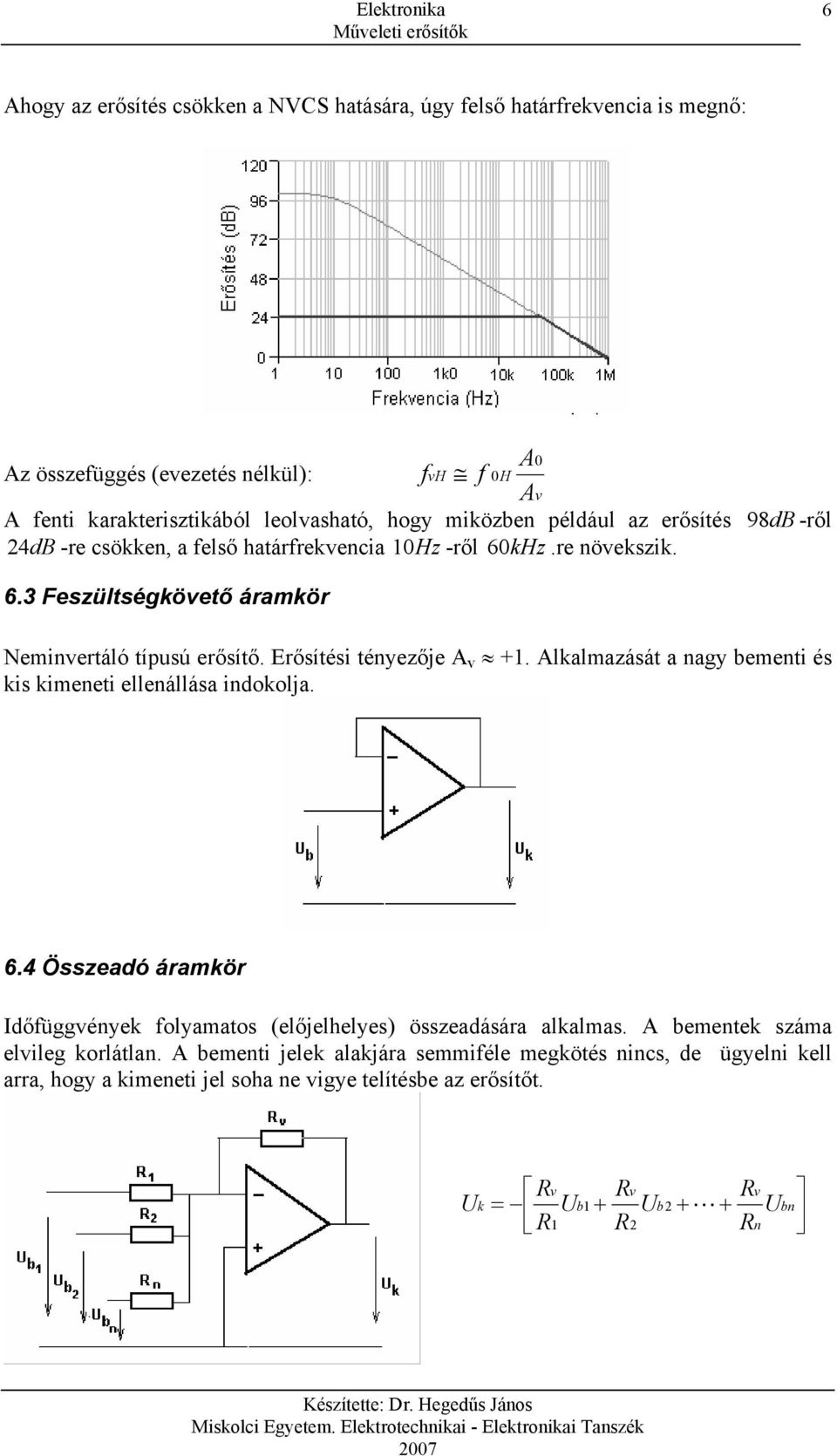 3 Fezültégköető áramkör Neminertáló típuú erőítő. Erőítéi tényezőe +. lkalmazáát a nagy menti é ki kimeneti ellenálláa indokola. 6.