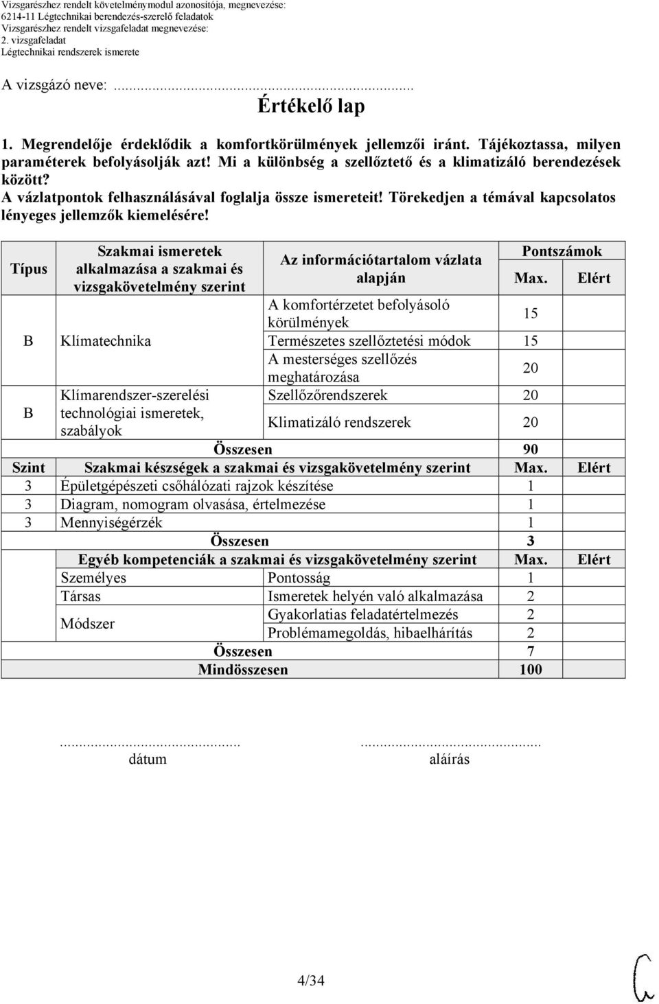 Típus Szakmai ismeretek alkalmazása a szakmai és vizsgakövetelmény szerint Klímatechnika Klímarendszer-szerelési technológiai ismeretek, szabályok Az információtartalom vázlata alapján Pontszámok Max.