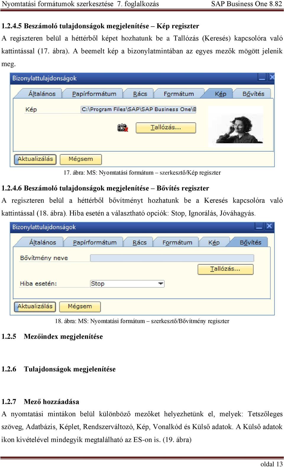 6 Beszámoló tulajdonságok megjelenítése Bővítés regiszter A regiszteren belül a héttérből bővítményt hozhatunk be a Keresés kapcsolóra való kattintással (18. ábra).