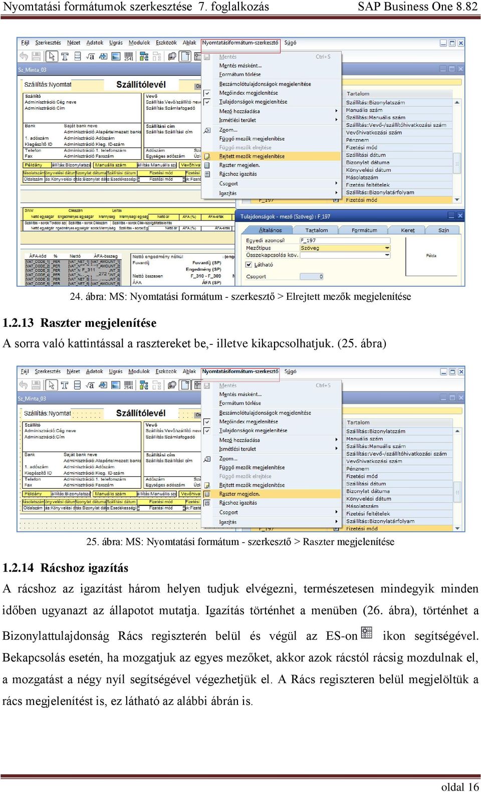 14 Rácshoz igazítás A rácshoz az igazítást három helyen tudjuk elvégezni, természetesen mindegyik minden időben ugyanazt az állapotot mutatja. Igazítás történhet a menüben (26.