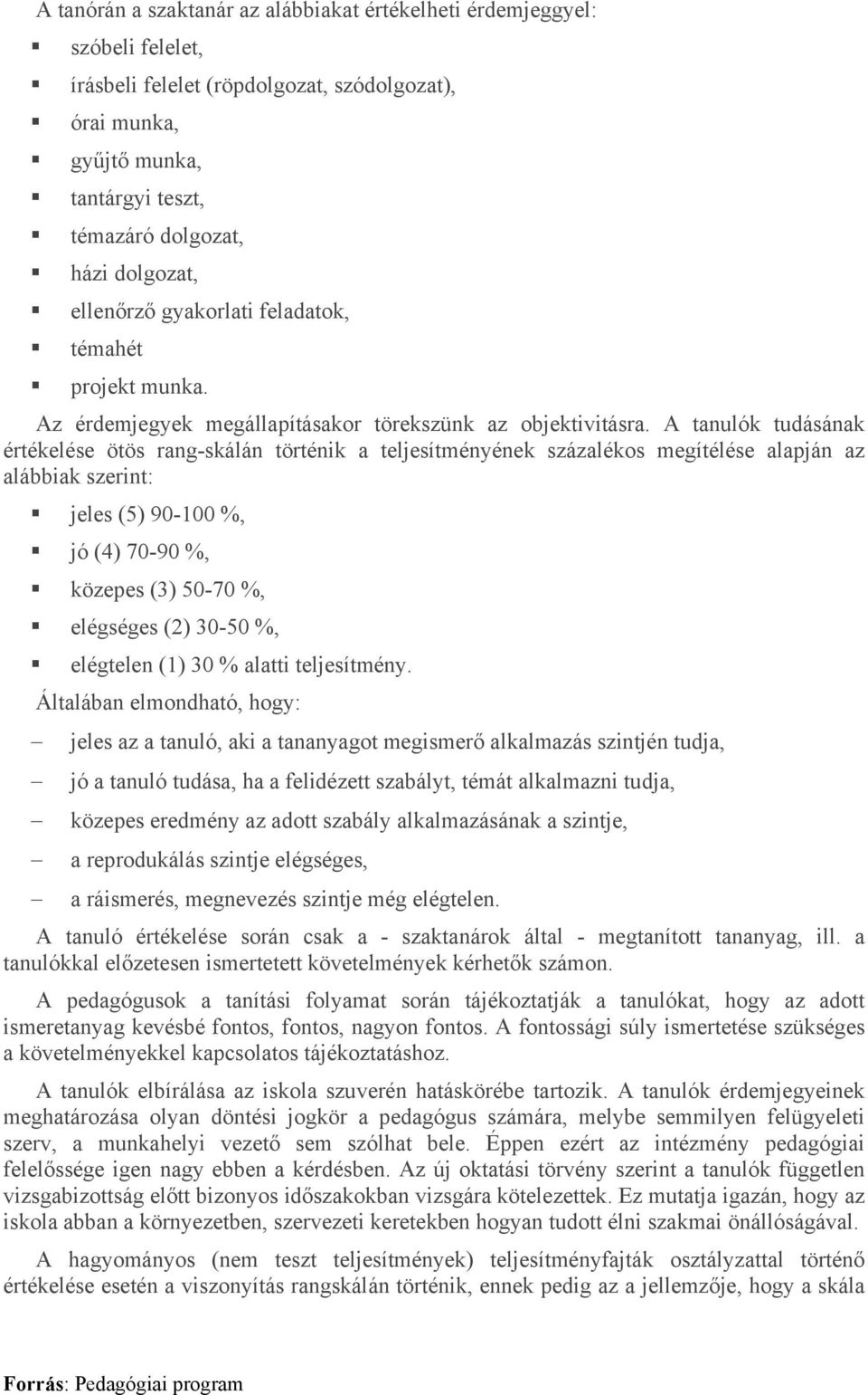 A tanulók tudásának értékelése ötös rang-skálán történik a teljesítményének százalékos megítélése alapján az alábbiak szerint: jeles (5) 90-100 %, jó (4) 70-90 %, közepes (3) 50-70 %, elégséges (2)