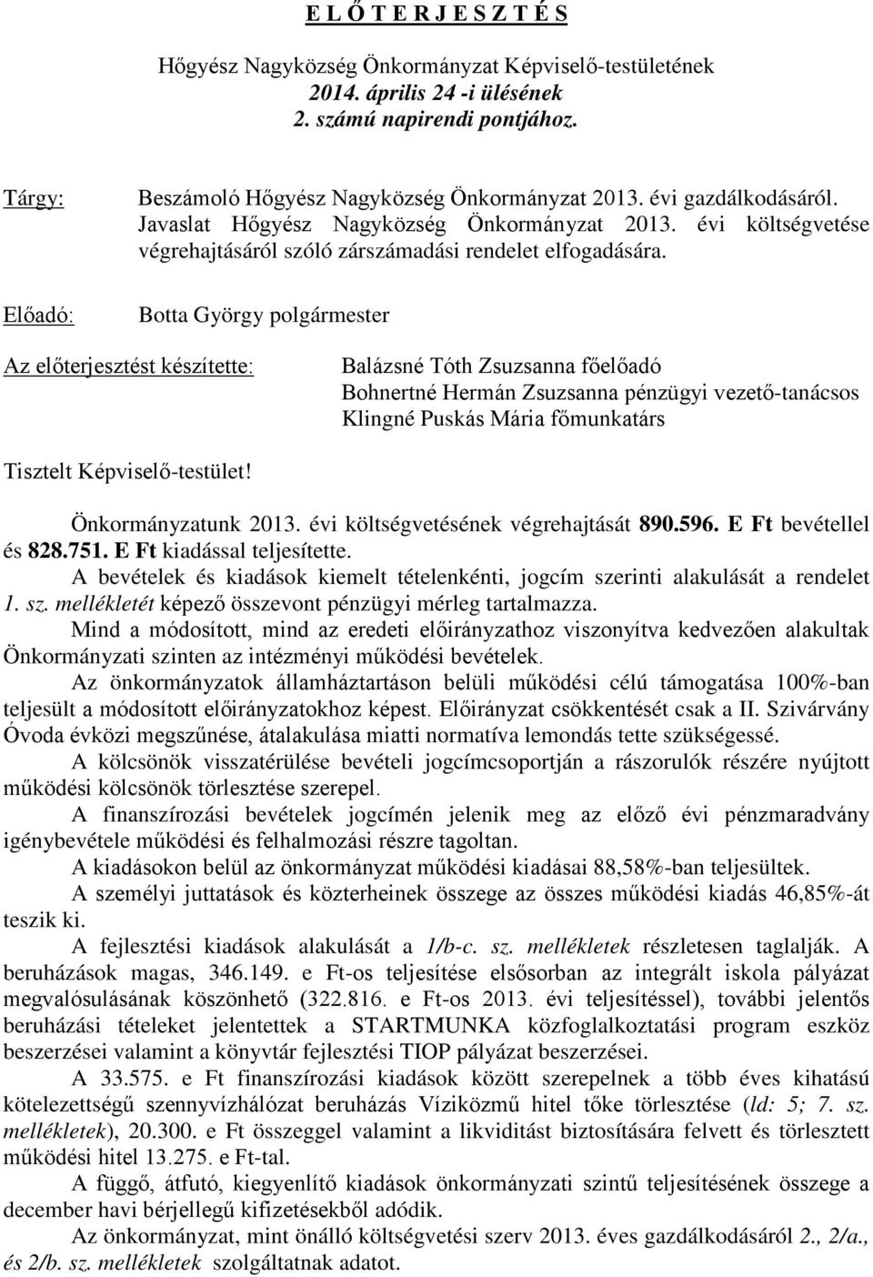 Botta György polgármester Az előterjesztést készítette: Balázsné Tóth Zsuzsanna főelőadó Bohnertné Hermán Zsuzsanna pénzügyi vezető-tanácsos Klingné Puskás Mária főmunkatárs Tisztelt