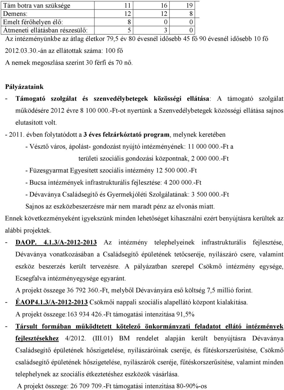 Pályázataink - Támogató szolgálat és szenvedélybetegek közösségi ellátása: A támogató szolgálat mőködésére 2012 évre 8 100 000.