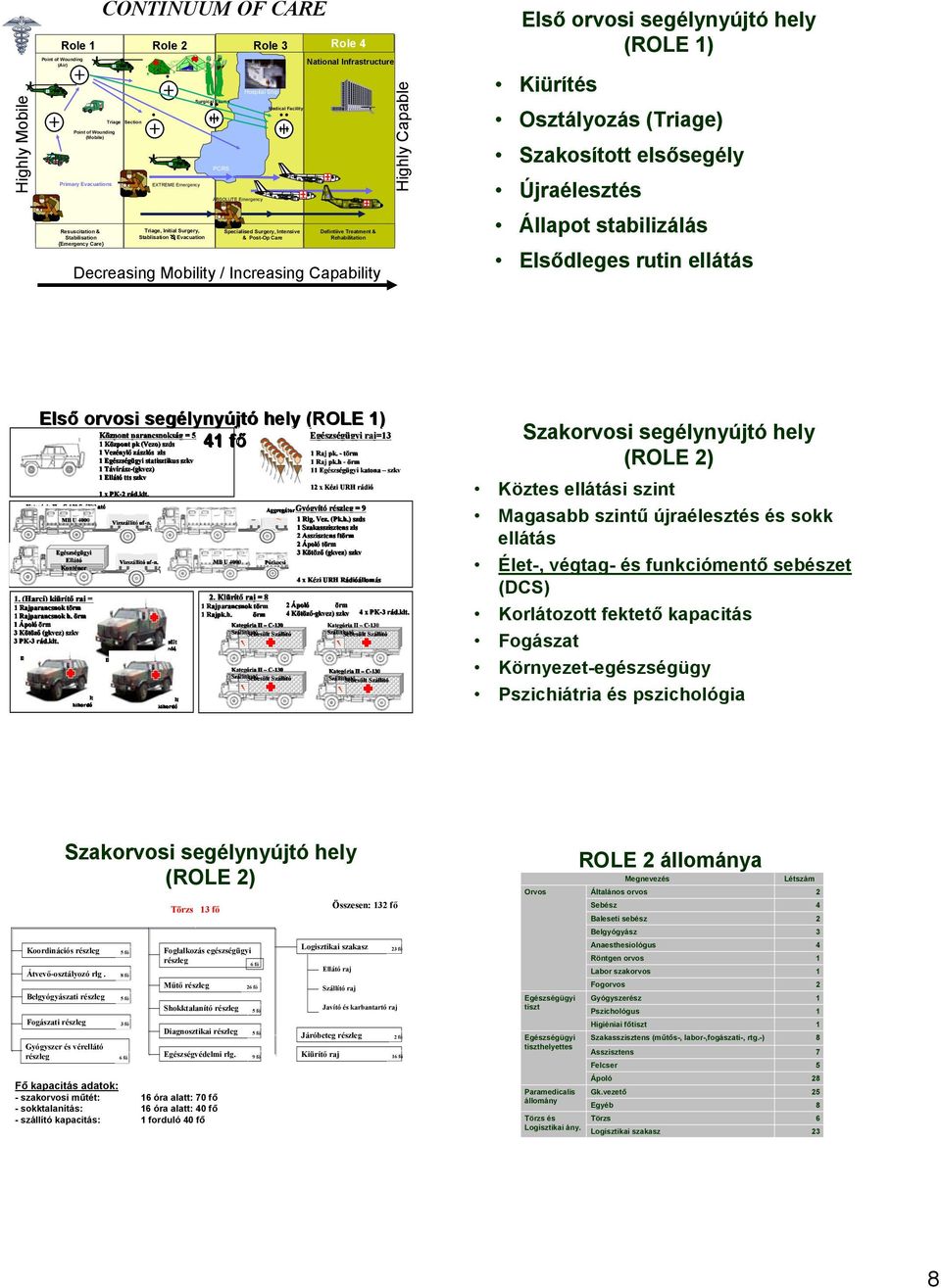 {Emergency Care} Decreasing Mobility / Increasing Capability Highly Capable Első orvosi segélynyújtó hely (ROLE ) Kiürítés Osztályozás (Triage) Szakosított elsősegély Újraélesztés Állapot