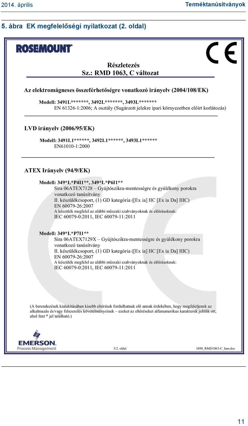 környezetben el írt korlátozás) LVD irányelv (2006/95/EK) Modell: 3491L1******, 3492L1******, 3493L1****** EN61010-1:2000 ATEX Irányelv (94/9/EK) Modell: 349*L*P4I1**, 349*L*P6I1** Sira 06ATEX7128
