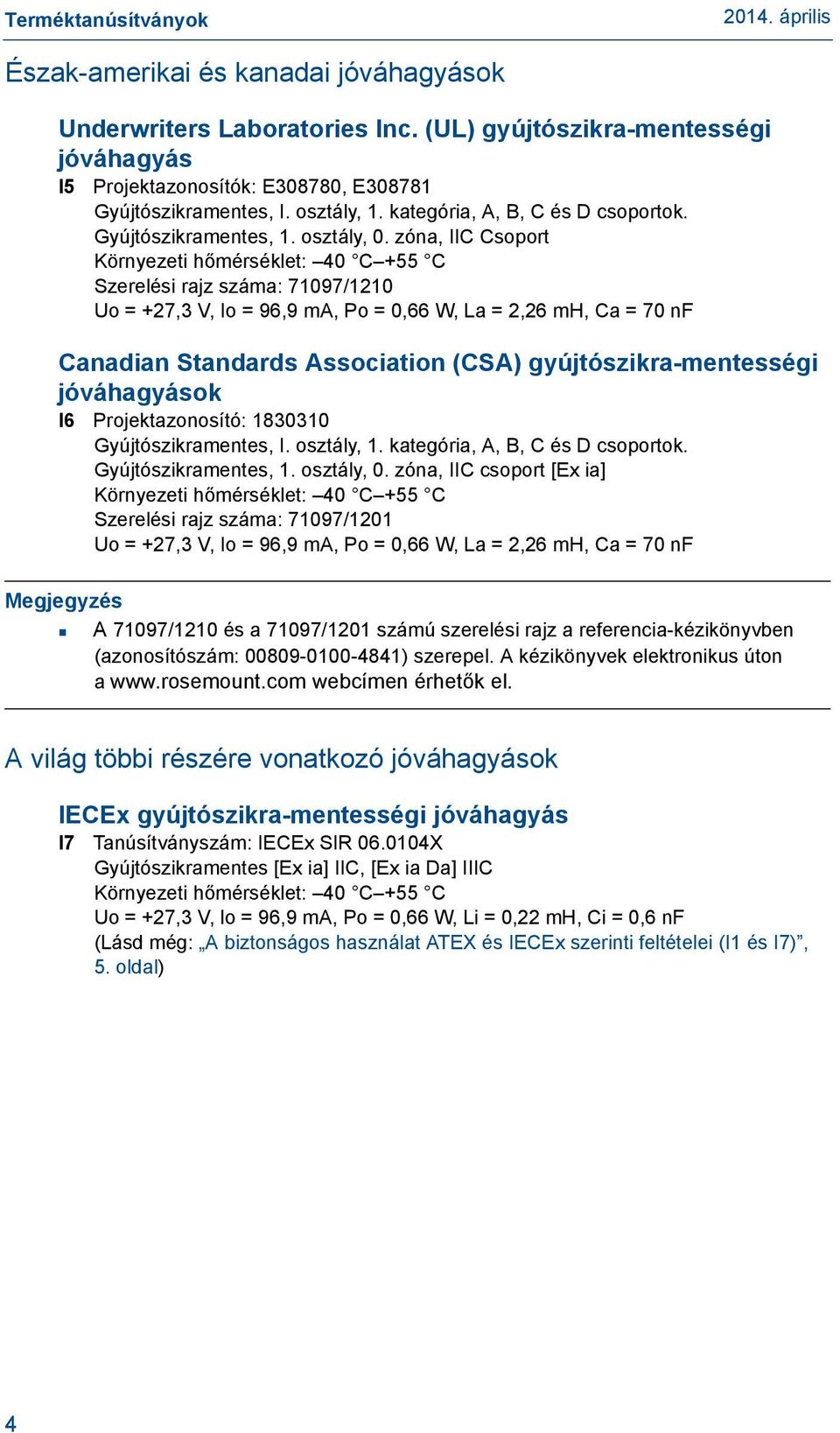 zóna, IIC Csoport Környezeti hőmérséklet: 40 C +55 C Szerelési rajz száma: 71097/1210 Uo = +27,3 V, Io = 96,9 ma, Po = 0,66 W, La = 2,26 mh, Ca = 70 nf Canadian Standards Association (CSA)