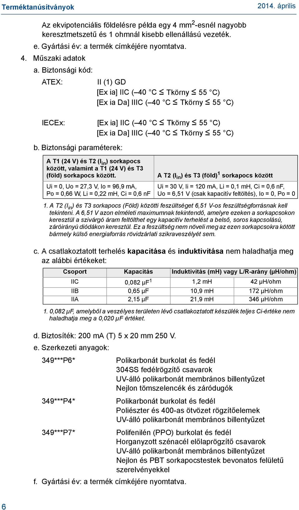 Biztonsági paraméterek: A T1 (24 V) és T2 (I in ) sorkapocs között, valamint a T1 (24 V) és T3 (föld) sorkapocs között.