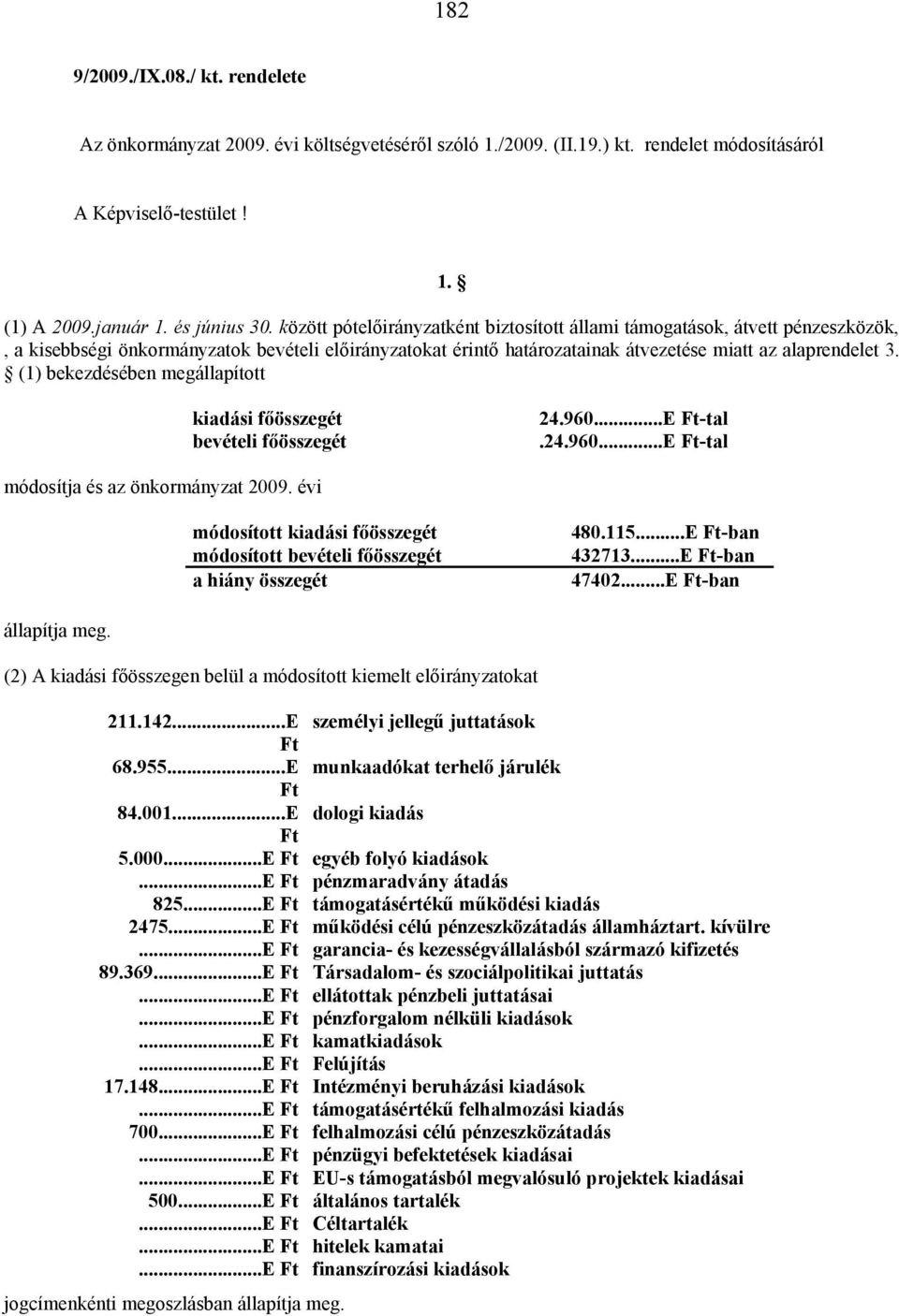 (1) bekezdésében megállapított kiadási főösszegét bevételi főösszegét 24.960...E Ft-tal.24.960...E Ft-tal módosítja és az önkormányzat 2009.