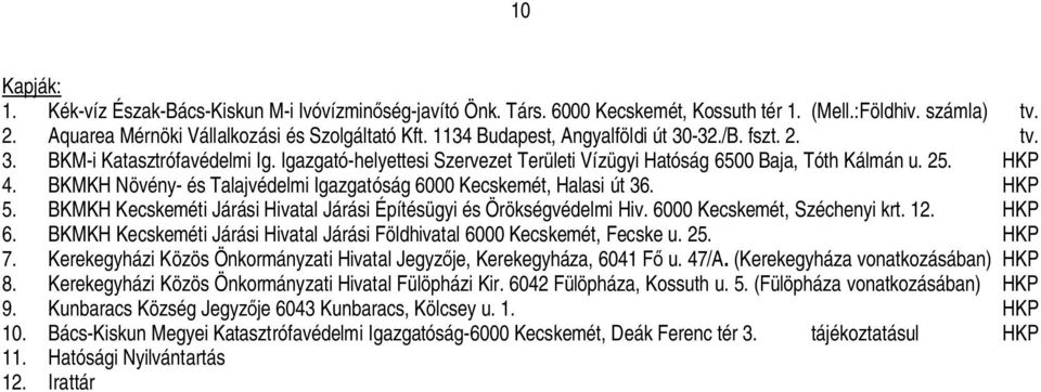 BKMKH Növény- és Talajvédelmi Igazgatóság 6000 Kecskemét, Halasi út 36. HKP 5. BKMKH Kecskeméti Járási Hivatal Járási Építésügyi és Örökségvédelmi Hiv. 6000 Kecskemét, Széchenyi krt. 12. HKP 6.