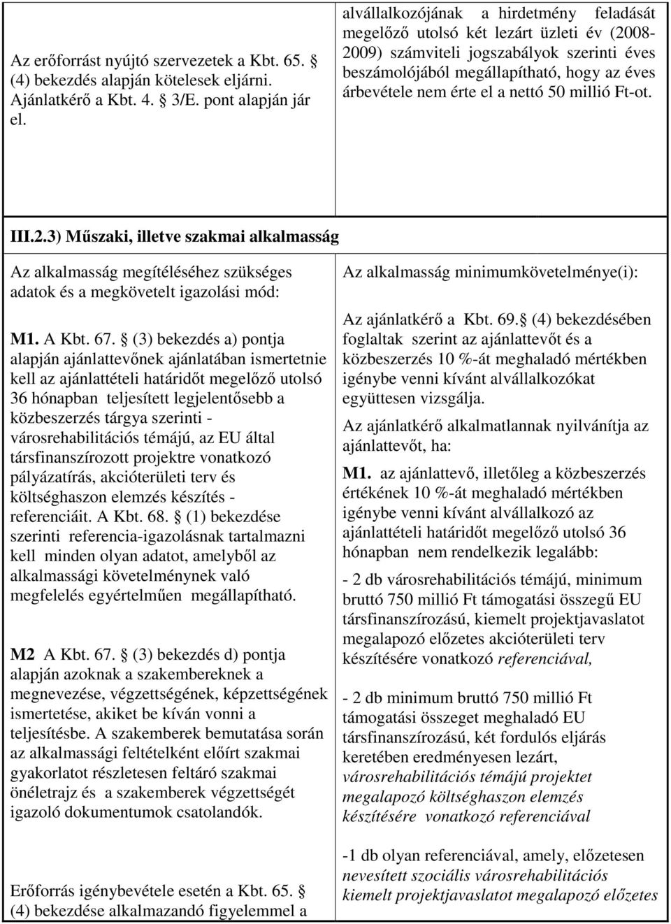 nettó 50 millió Ft-ot. III.2.3) Mőszaki, illetve szakmai alkalmasság Az alkalmasság megítéléséhez szükséges adatok és a megkövetelt igazolási mód: M1. A Kbt. 67.