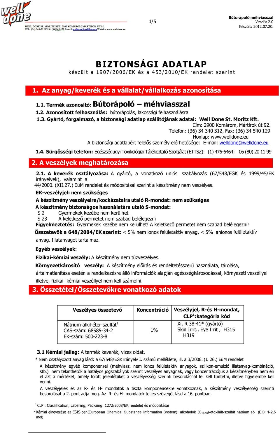Gyártó, forgalmazó, a biztonsági adatlap szállítójának adatai: Well Done St. Moritz Kft. Cím: 2900 Komárom, Mártírok út 92. Telefon: (36) 34 340 312, Fax: (36) 34 540 129 Honlap: www.welldone.