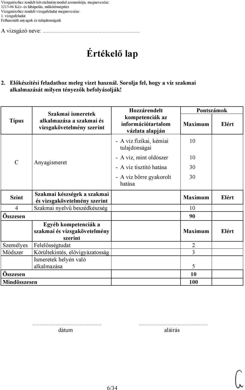 víz, mint oldószer - A víz tisztító hatása - A víz bőrre gyakorolt hatása Szint Szakmai készségek a szakmai és vizsgakövetelmény 4 Szakmai nyelvű beszédkészség 10 Összesen 90 Egyéb