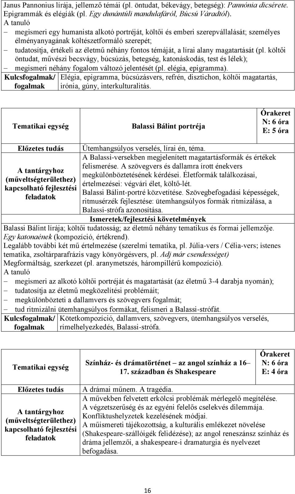 lírai alany magatartását (pl. költői öntudat, művészi becsvágy, búcsúzás, betegség, katonáskodás, test és lélek); megismeri néhány fogalom változó jelentését (pl. elégia, epigramma).