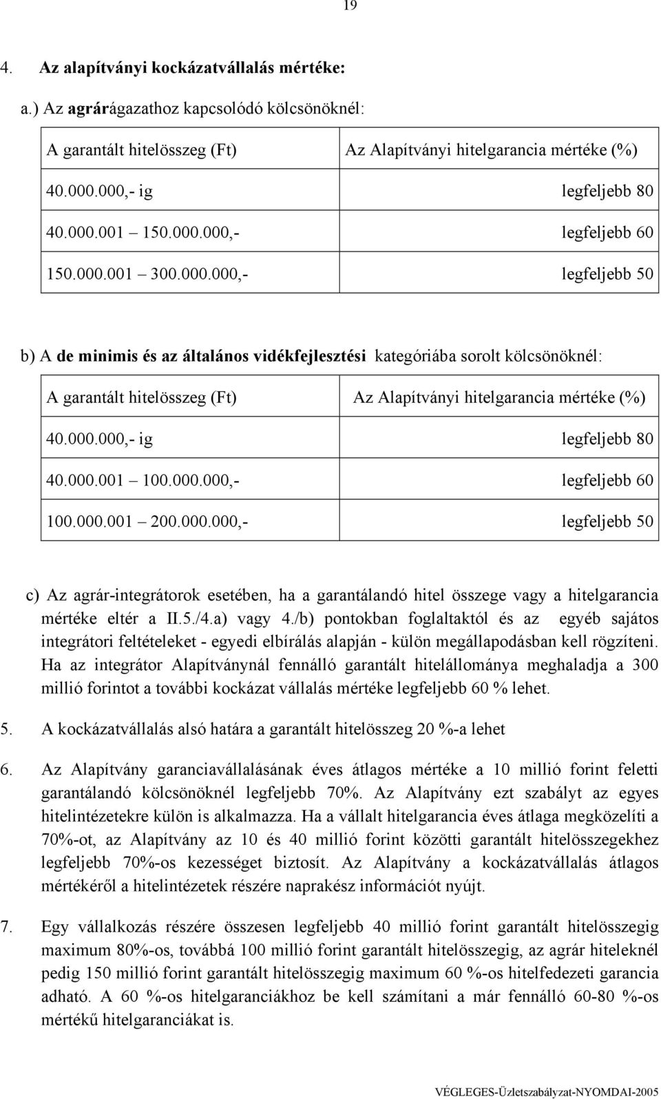 000.000,- ig legfeljebb 80 40.000.001 100.000.000,- legfeljebb 60 100.000.001 200.000.000,- legfeljebb 50 c) Az agrár-integrátorok esetében, ha a garantálandó hitel összege vagy a hitelgarancia mértéke eltér a II.