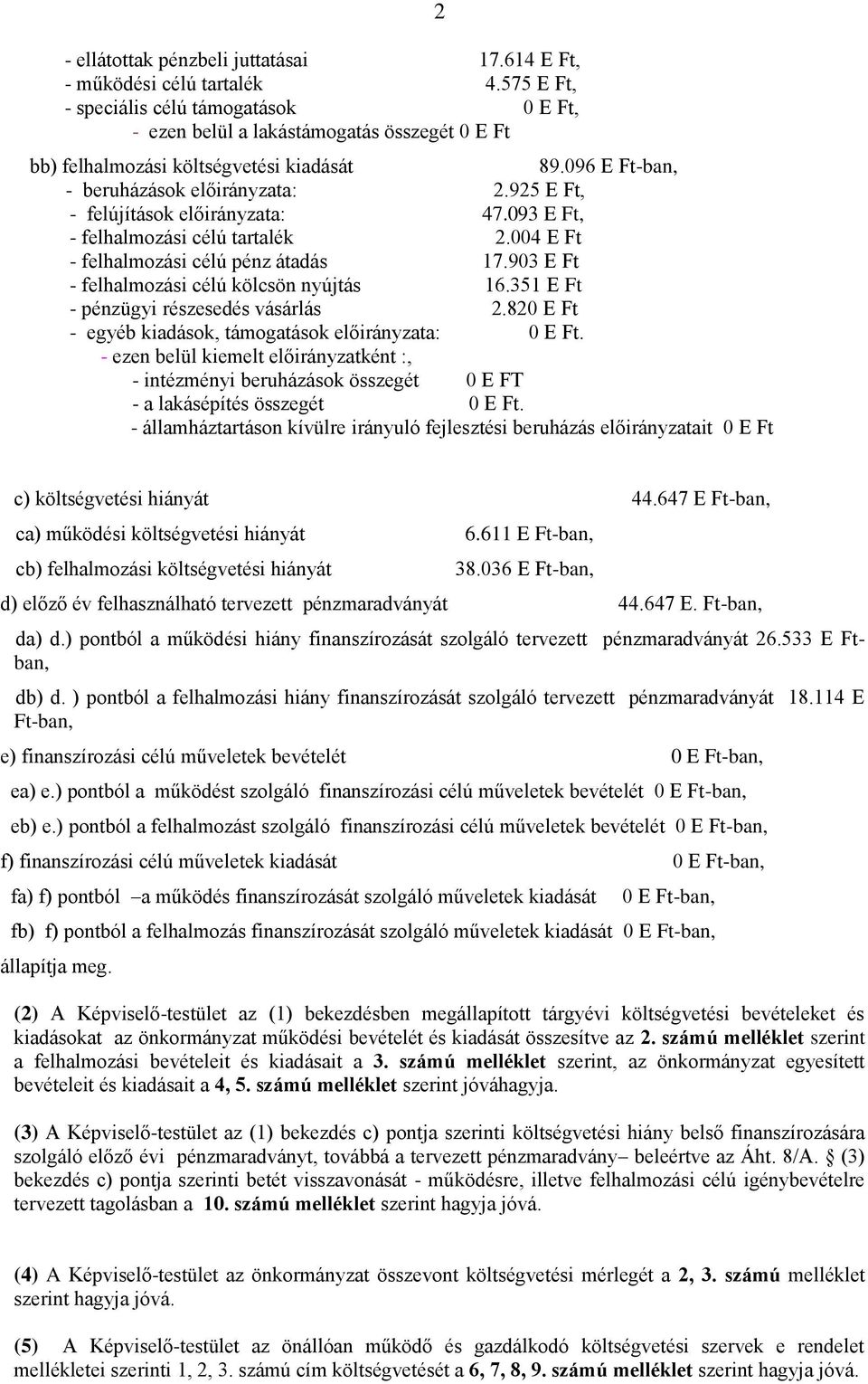 925 E Ft, - felújítások előirányzata: 47.093 E Ft, - felhalmozási célú tartalék 2.004 E Ft - felhalmozási célú pénz átadás 17.903 E Ft - felhalmozási célú kölcsön nyújtás 16.