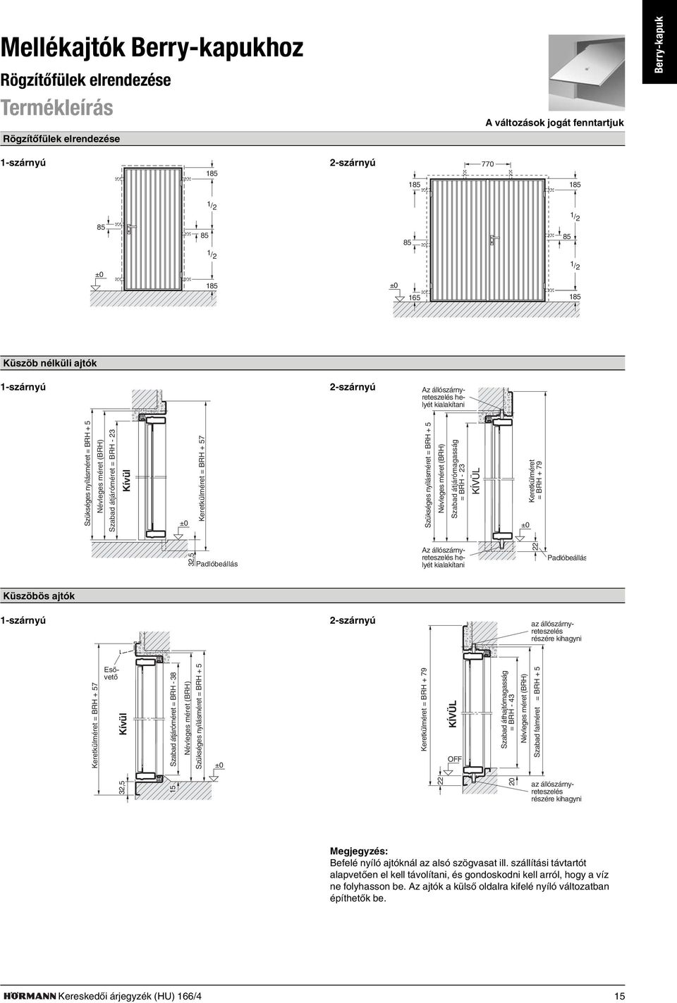 = BRH + 5 (BRH) Szabad átjárómagasság = BRH - 23 ÍVÜL eretkülméret = BRH + 79 ±0 32,5 Padlóbeállás Az állószárnyreteszelés helyét kialakítani 22 Padlóbeállás üszöbös ajtók 1-szárnyú 2-szárnyú az