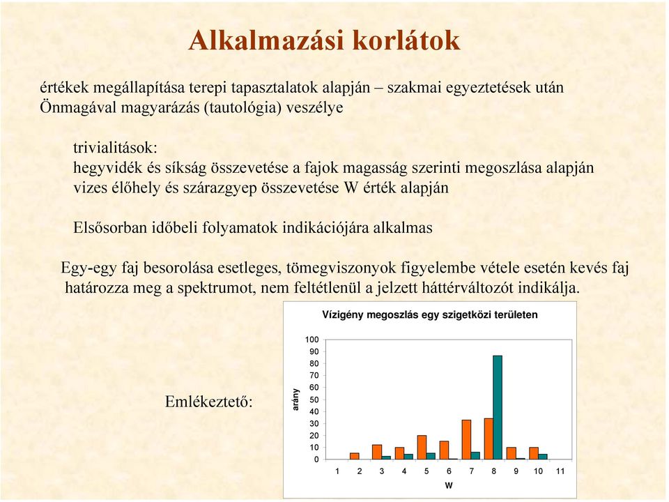 folyamatok indikációjára alkalmas Egy-egy faj besorolása esetleges, tömegviszonyok figyelembe vétele esetén kevés faj határozza meg a spektrumot, nem