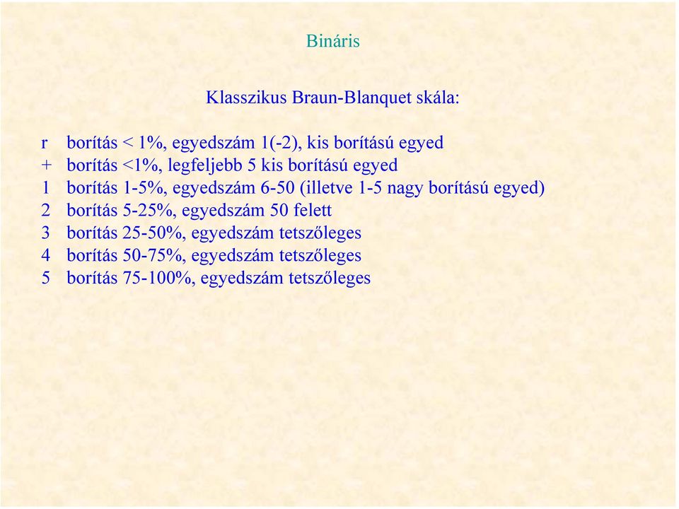 (illetve 1-5 nagy borítású egyed) 2 borítás 5-25%, egyedszám 50 felett 3 borítás 25-50%,