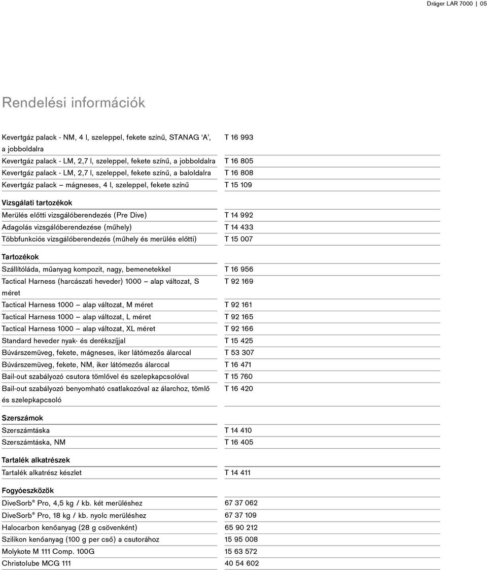 vizsgálóberendezés (Pre Dive) T 14 992 Adagolás vizsgálóberendezése (műhely) T 14 433 Többfunkciós vizsgálóberendezés (műhely és merülés előtti) T 15 007 Tartozékok Szállítóláda, műanyag kompozit,