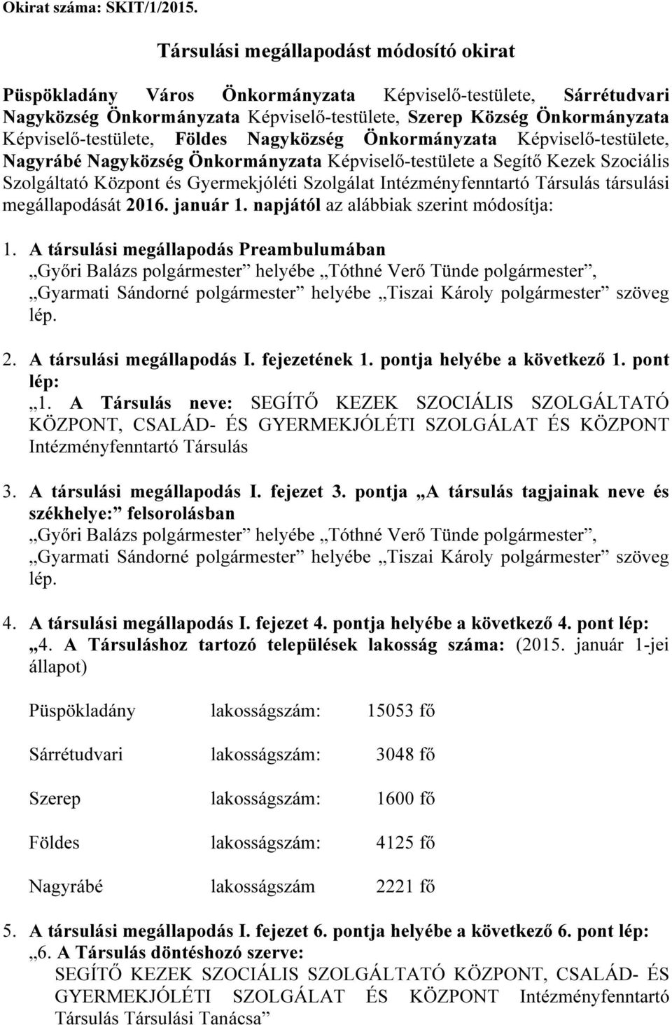 Képviselő-testülete, Földes Nagyközség Önkormányzata Képviselő-testülete, Nagyrábé Nagyközség Önkormányzata Képviselő-testülete a Segítő Kezek Szociális Szolgáltató Központ és Gyermekjóléti Szolgálat