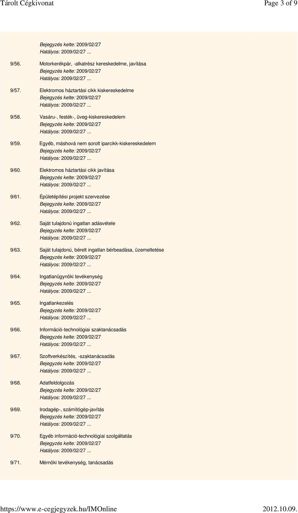 Saját tulajdonú ingatlan adásvétele 9/63. Saját tulajdonú, bérelt ingatlan bérbeadása, üzemeltetése 9/64. Ingatlanügynöki tevékenység 9/65. Ingatlankezelés 9/66.