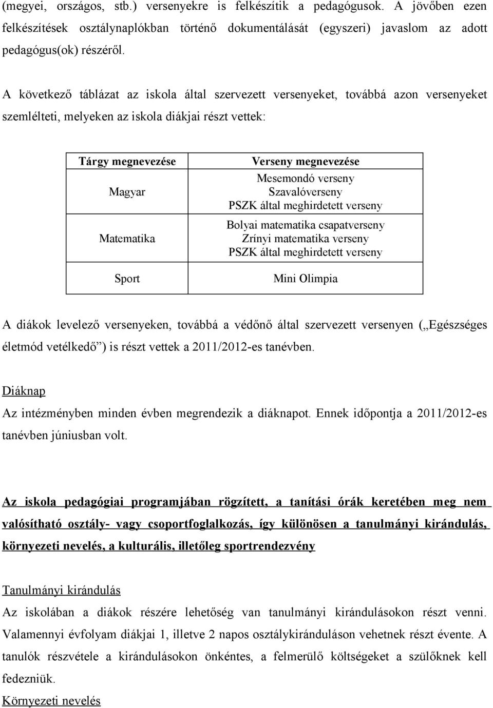 megnevezése Mesemondó verseny Szavalóverseny PSZK által meghirdetett verseny Bolyai matematika csapatverseny Zrínyi matematika verseny PSZK által meghirdetett verseny Mini Olimpia A diákok levelező