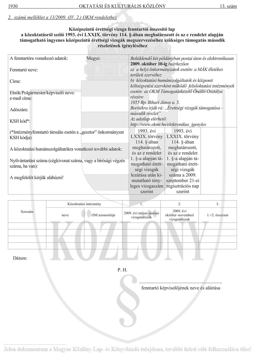 -ában meghatározott és az e rendelet alapján támogatható ingyenes középszintû érettségi vizsgák megszervezéséhez szükséges támogatás második részletének igényléséhez A fenntartóra vonatkozó adatok: