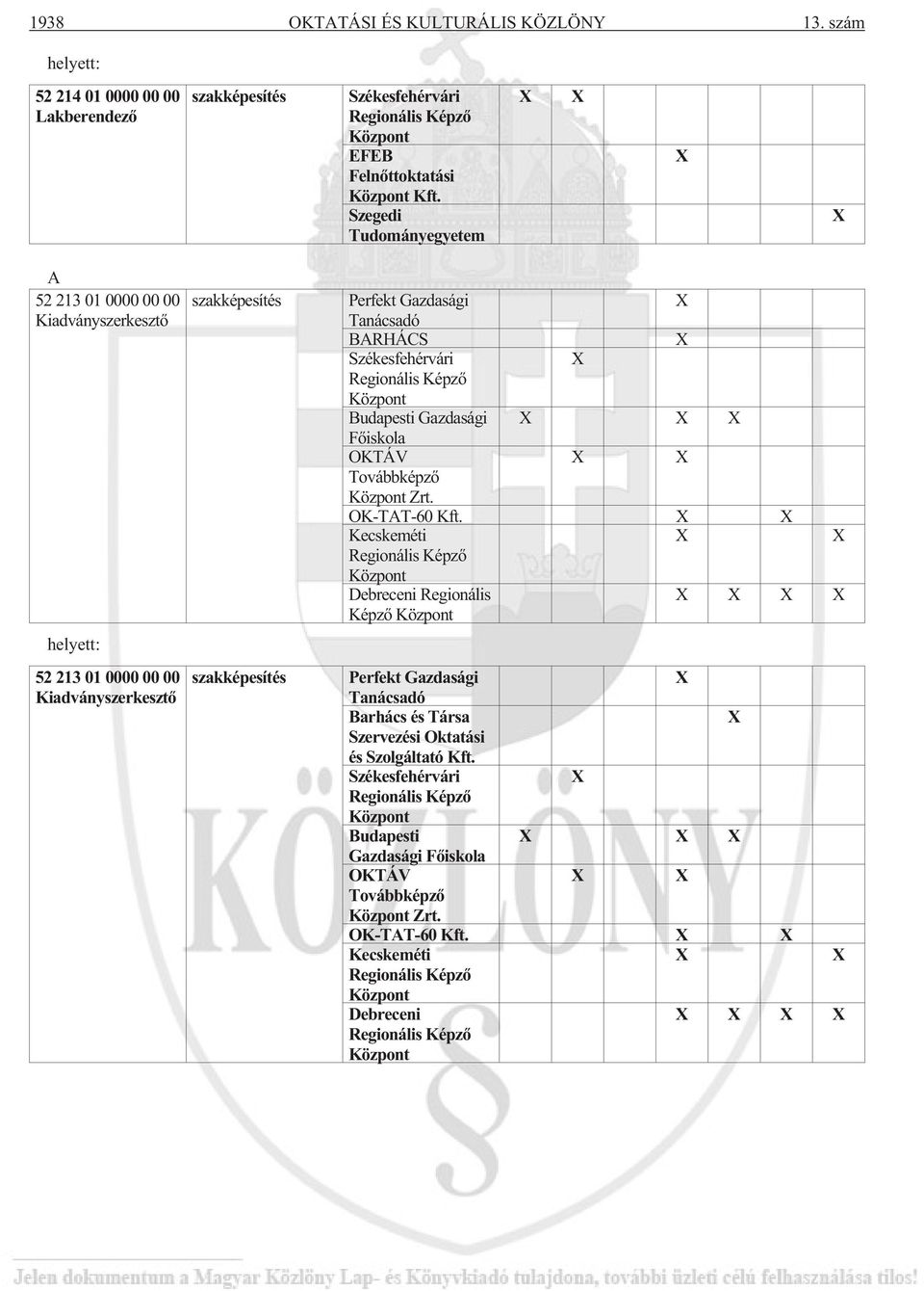 Székesfehérvári X Regionális Képzõ Központ Budapesti Gazdasági X X X Fõiskola OKTÁV X X Továbbképzõ Központ Zrt. OK-TAT-60 Kft.