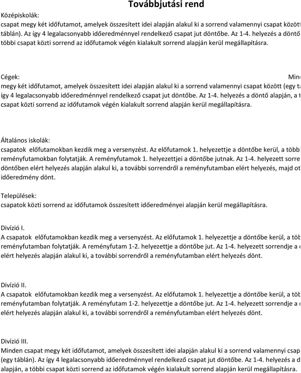 Cégek: Minden csapat megy két időfutamot, amelyek összesített idei alapján alakul ki a sorrend valamennyi csapat között (egy táblán).