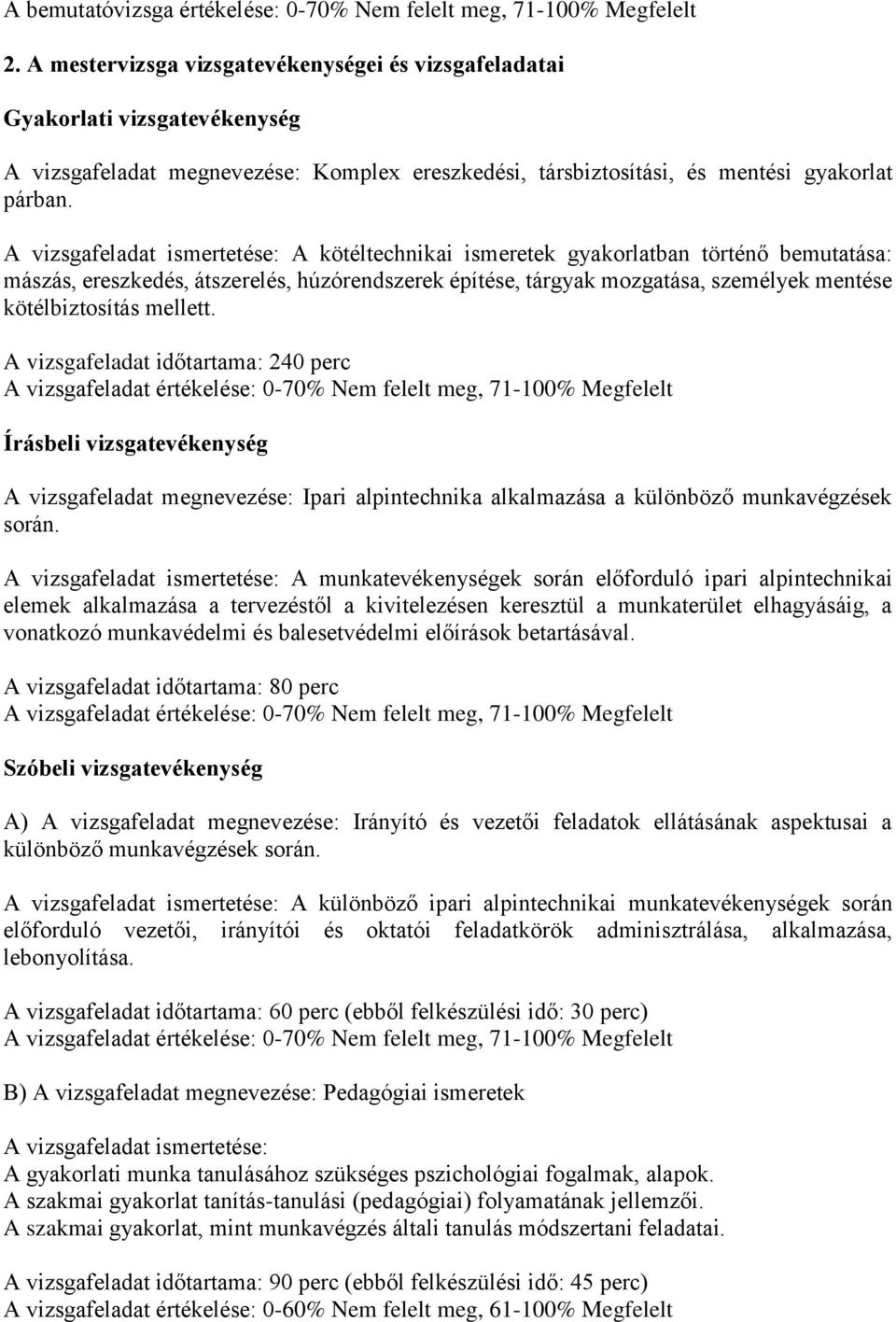 A vizsgafeladat ismertetése: A kötéltechnikai ismeretek gyakorlatban történő bemutatása: mászás, ereszkedés, átszerelés, húzórendszerek építése, tárgyak mozgatása, személyek mentése kötélbiztosítás