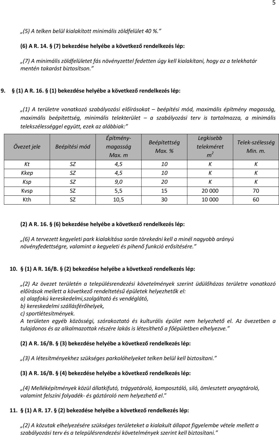 (1) bekezdése helyébe a következő rendelkezés lép: (1) A területre vonatkozó szabályozási előírásokat beépítési mód, maximális építmény magasság, maximális beépítettség, minimális telekterület a