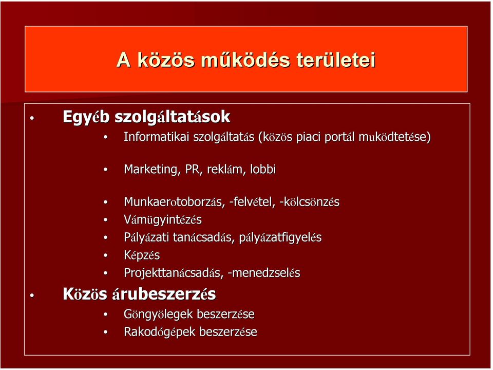 -felvétel, -kölcs lcsönzés Vámügyintézés Pályázati tanácsad csadás, s, pályp lyázatfigyelés Képzés