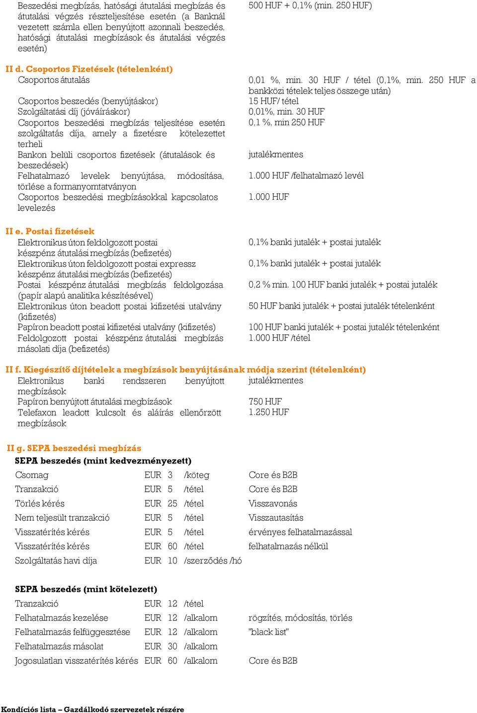 Csoportos Fizetések (tételenként) Csoportos átutalás Csoportos beszedés (benyújtáskor) Szolgáltatási díj (jóváíráskor) Csoportos beszedési megbízás teljesítése esetén szolgáltatás díja, amely a