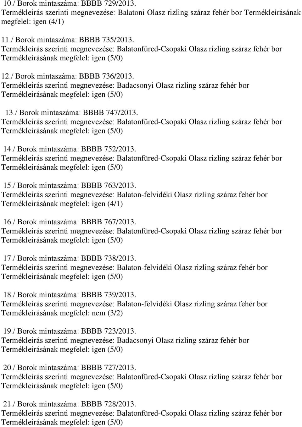 / Borok mintaszáma: BBBB 763/2013. Termékleírás szerinti megnevezése: Balaton-felvidéki Olasz rizling száraz fehér 16./ Borok mintaszáma: BBBB 767/2013. 17./ Borok mintaszáma: BBBB 738/2013.