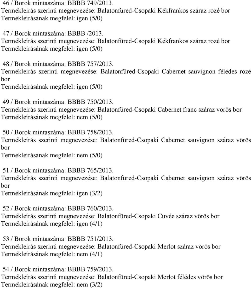 Termékleírás szerinti megnevezése: Balatonfüred-Csopaki Cabernet sauvignon félédes rozé 49./ Borok mintaszáma: BBBB 750/2013.