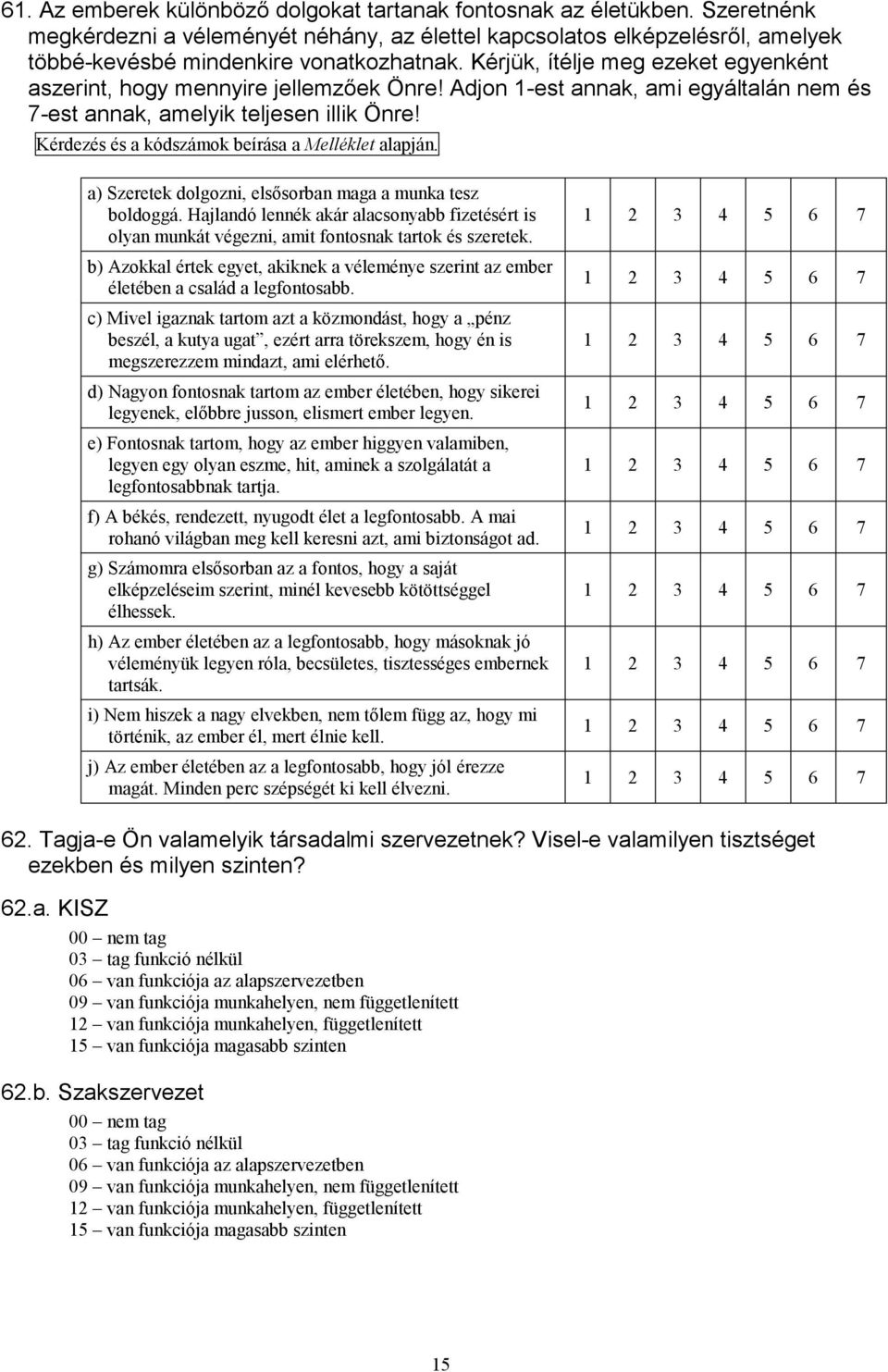 Kérdezés és a kódszámok beírása a Melléklet alapján. a) Szeretek dolgozni, elsősorban maga a munka tesz boldoggá.
