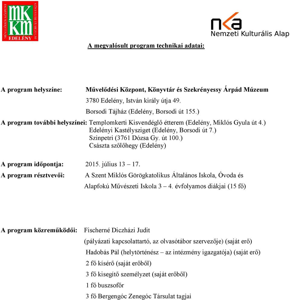 ) Császta szőlőhegy (Edelény) A program időpontja: 2015. július 13 17. A program résztvevői: A Szent Miklós Görögkatolikus Általános Iskola, Óvoda és Alapfokú Művészeti Iskola 3 4.