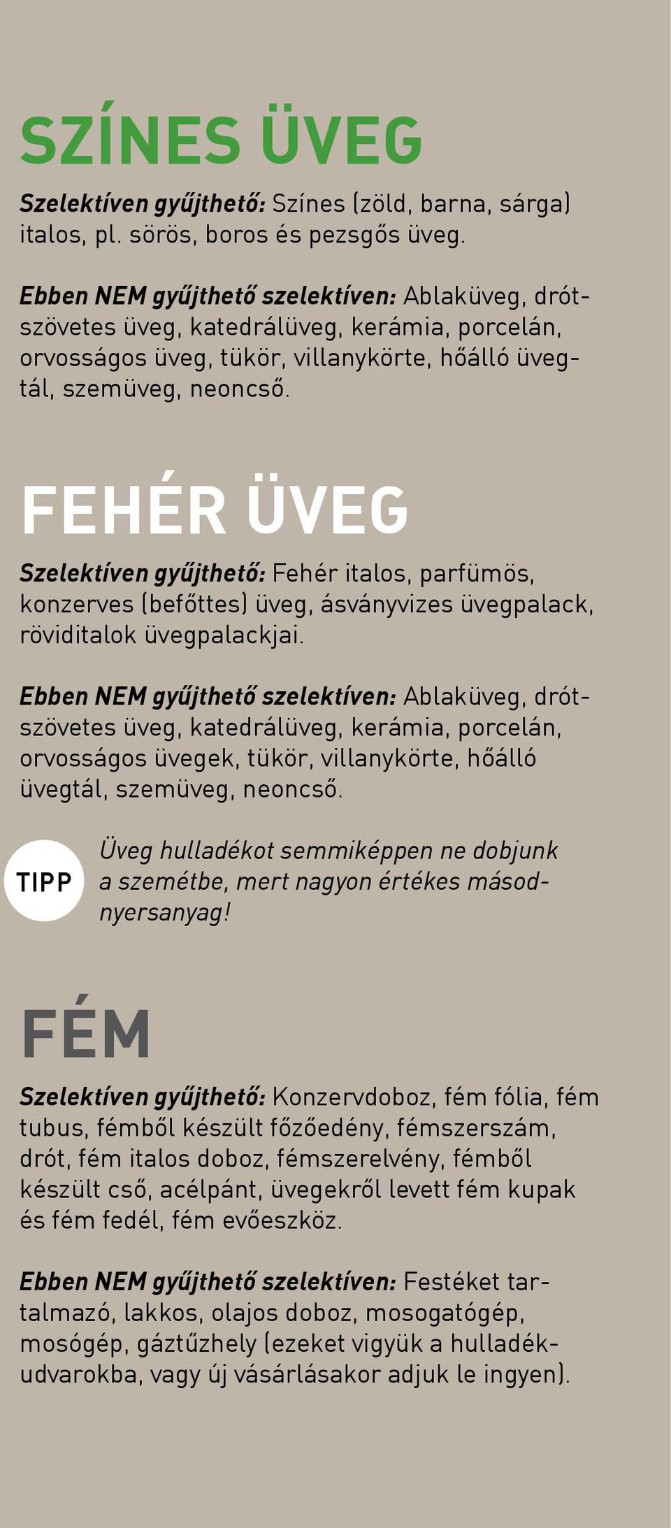 FEHÉR ÜVEG Szelektíven gyűjthető: Fehér italos, parfümös, konzerves (befőttes) üveg, ásványvizes üvegpalack, röviditalok üvegpalackjai.