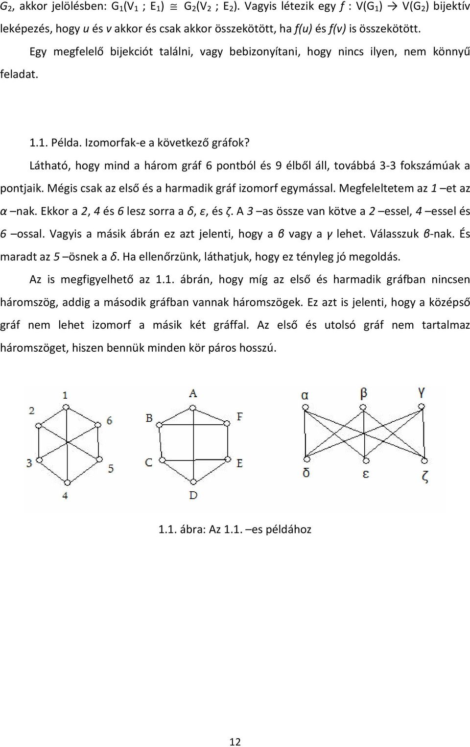 Látható, hogy mind a három gráf 6 pontból és 9 élből áll, továbbá 3-3 fokszámúak a pontjaik. Mégis csak az első és a harmadik gráf izomorf egymással. Megfeleltetem az 1 et az α nak.