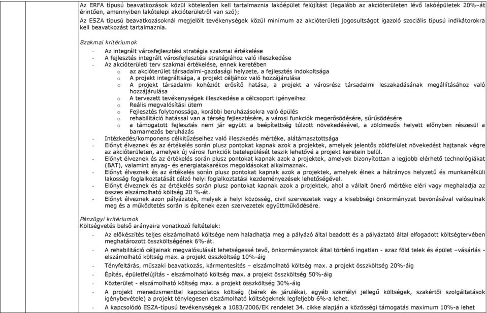 Szakmai kritériumok - Az integrált városfejlesztési stratégia szakmai értékelése - A fejlesztés integrált városfejlesztési stratégiához való illeszkedése - Az akcióterületi terv szakmai értékelése,