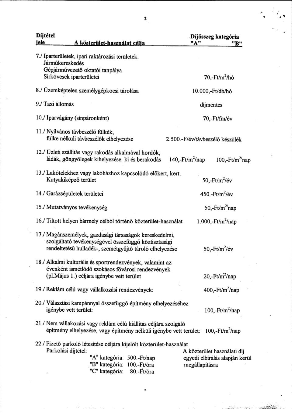 / Nyilvános távbeszélő fulkék, fulke nélküli távbeszélők elhelyezése 10.000,-Ft/db/hó díjmentes 70,-Ft/fm/év 2.500.-F/év/távbeszélő készülék 12.