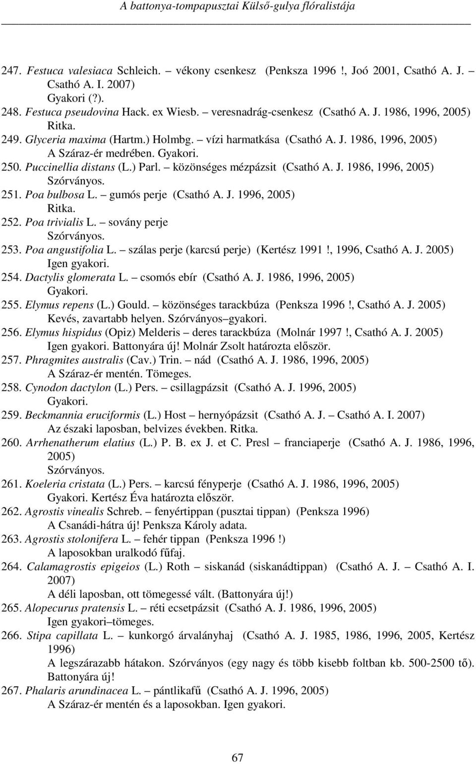 ) Parl. közönséges mézpázsit (Csathó A. J. 1986, 1996, 2005) 251. Poa bulbosa L. gumós perje (Csathó A. J. 1996, 2005) 252. Poa trivialis L. sovány perje 253. Poa angustifolia L.