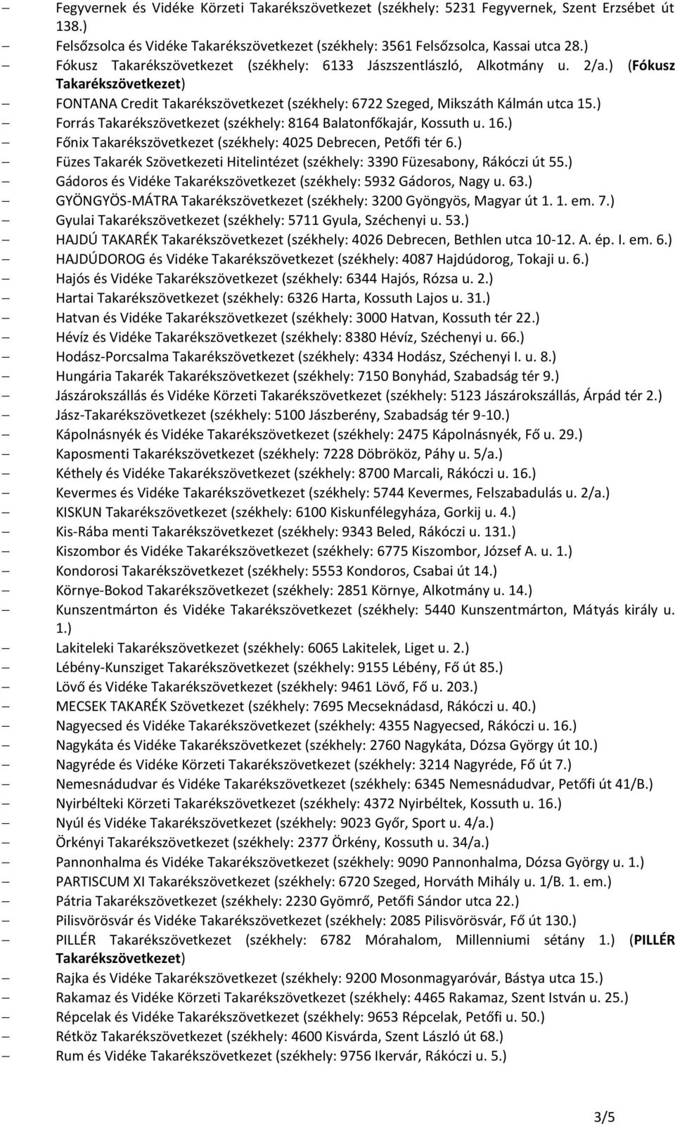 ) Forrás Takarékszövetkezet (székhely: 8164 Balatonfőkajár, Kossuth u. 16.) Főnix Takarékszövetkezet (székhely: 4025 Debrecen, Petőfi tér 6.