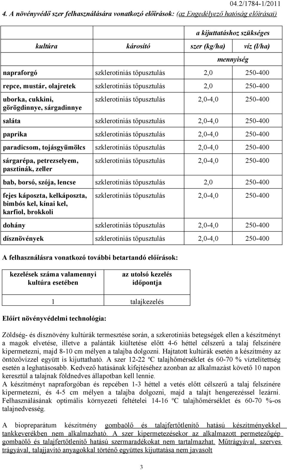 tőpusztulás 2,0 250-400 repce, mustár, olajretek szklerotíniás tőpusztulás 2,0 250-400 uborka, cukkini, görögdinnye, sárgadinnye szklerotíniás tőpusztulás 2,0-4,0 250-400 saláta szklerotíniás